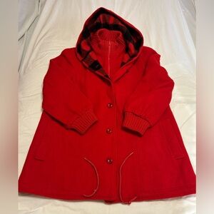 Red Hooded Coat with Plaid Lining around Zipper and matching gloves, Size S